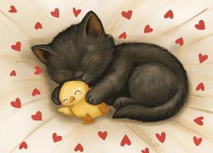Carte chat noir et son doudou poussin