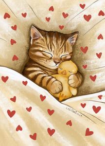 Carte chat tigré et son doudou poussin