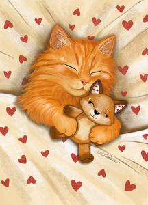Carte chat roux et son doudou renard